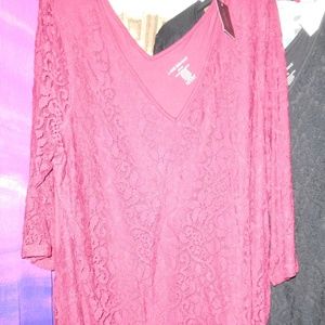 NWT 22W 24W DARK RED LANE BRYANT LACE SLEEVED KNIT